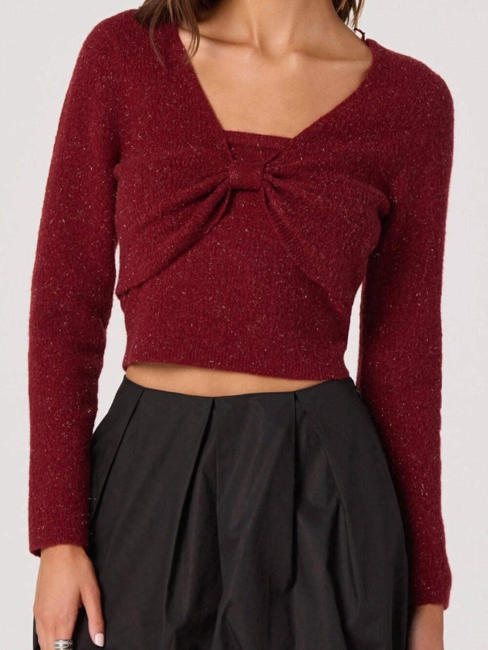 Burgundy Bow Sweater Top Long Sleeve Cropped Coquette Romantic Two Piece Size M